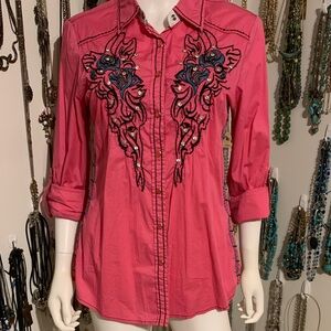 Roar Pink Embroidered Button Down Shirt